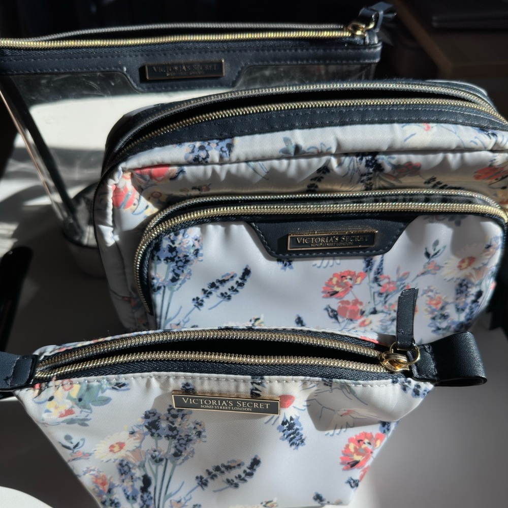 Victoria's Secret Floral Cosmetic Bag Set - Navy/Blue set of 3